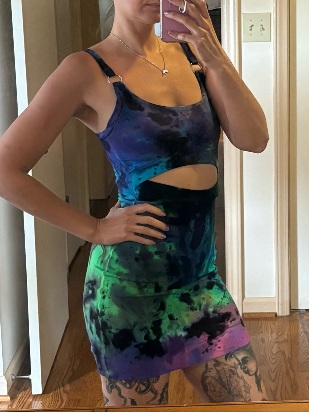 Tie-Dye Cutout Bodycon Dress - Blue Green Purple
